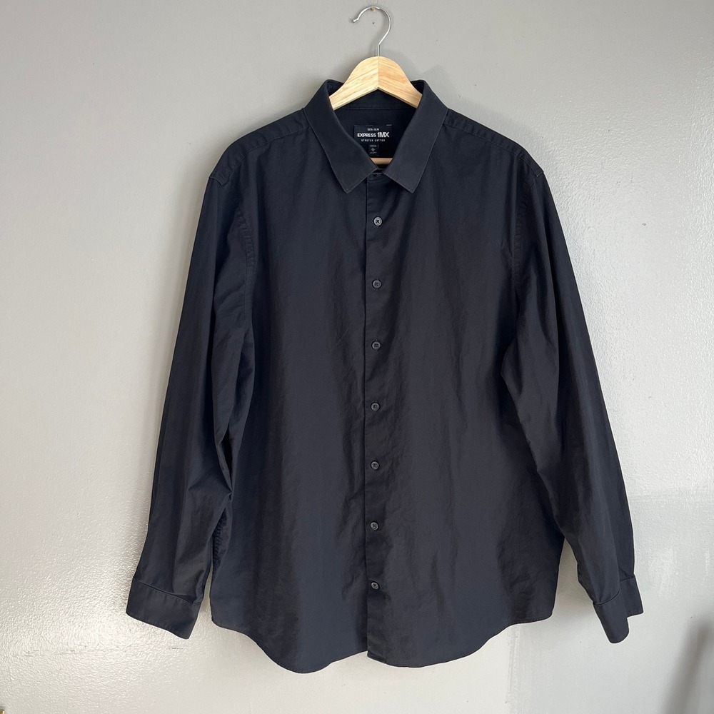 Express 1MX Mens Extra Slim Fit Button Front Shirt Black Long Sleeve XL